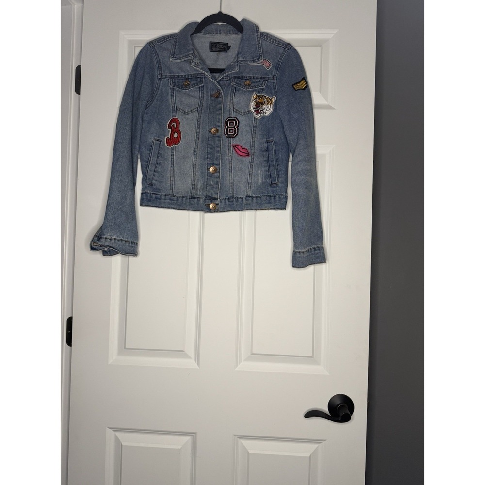 Ci Sono Distressed Denim Jean Jacket  Various Patches Button Closure Small